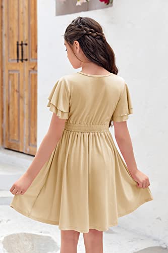 Makkrom Girl's Ruffle Short Sleeve Casual Dress Scoop Neck Flowy Plain Sundress For Kids 6-14Y Khaki #TOP3