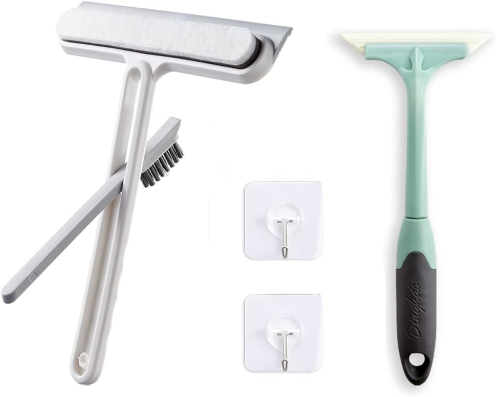 All-Purpose Shower Squeegee for Glass Doors, Mirror, Car, Tile, Window Cleaning Kit with Hooks, Gap Brush, Sponge and Small Scraper, Silicone Bathroom Squeegee, 9in Shower Squeegee, Streak Free