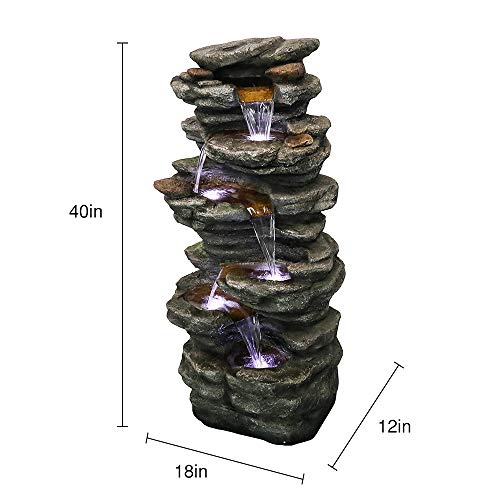 SunJet 6-Tiers Rocks Outdoor Water Fountain - 40” High Cascading Waterfall with LED Lights, Soothing Tranquility for Home Garden, Yard Decor