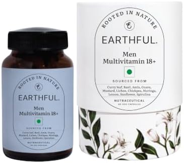 Earthful Multivitamin for Men | Nothing But Nature | With Biotin, Iron, Zinc, Vitamin A, C, D3, K2 for Immunity, Hair, Skin & Bones - 60 Capsules