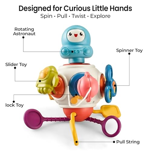 Image of Cable World Montessori 8-in-1 Baby Activity Cube Toy for Kids| Sensory Learning & Motor Skill Development Toy | Spinner, Pull String & Rotating Astronaut | Hanging Travel Toy for Babies & Toddlers