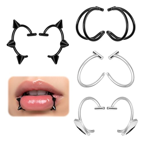 Xyembu 8 PCS Fake Lip Piercing, Non Pierced Septum Ring Clip on Lip Rings, Fake Snake Bite Non-Piercing Lips Cuff, Halloween Jewelry Clip Double Earring Hoop for Men Women (Silver, Black)