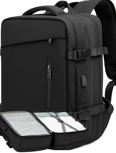 Mochila de Viagem, Mochila Feminina, Mochila Masculina, Mala de Mão10kg, Notebook, Reforçada, Grande, Resistente, Impermeável, Expansível, Escola, Trabalho, Preta,