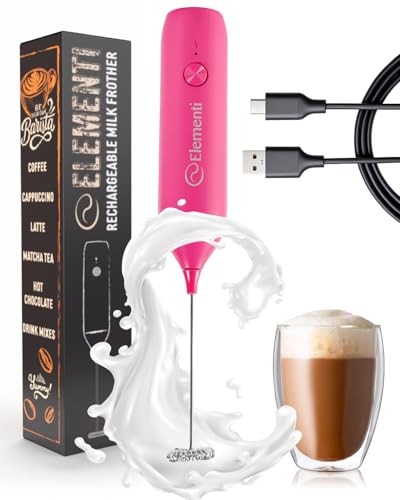 Elementi Pink Milk Frother Wand Rechargeable Drink Mixer - Powerful USB-C Rechargeable Frother & Coffee Stirrers Electric - Hand Held Whisk to Make Perfect Cappuccinos Lattes & Drink Mixes at Home