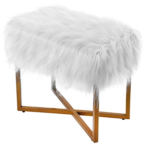 Birdrock Home Rectangular White Faux Fur Foot Stool Ottoman With Gold Legs - Vanity Chair - Soft Compact Padded Seat - Bedroom And Kids Room Chair - Metal - Fluffy Makeup Seat #TOP7