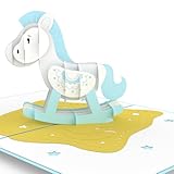 iGifts And Cards Tarjeta desplegable de caballo balancín azul dulce – 5 x 7 pulgadas 3D Baby Shower saludo para niños, recién nacidos, bautizo, primer cumpleaños – recuerdo hecho a mano con tarjeta de