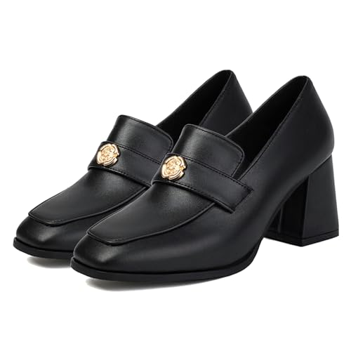 Alyaafifa Block Heel Loafers for Women 3 Inches Closed Square Toe Chunky High Heel Work Pumps Slip On Leather Suede Dress Shoes Comfortable Office Event Church Party