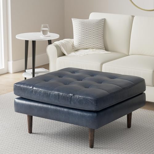 Image of Poly & BARK Napa Ottoman in Full-Grain Semi-Aniline Italian Tanned Leather in Midnight Blue