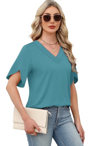 Image of WIHOLL Womens Summer Tops Short Petal Sleeve Shirts Fashion V Neck Womens Clothing