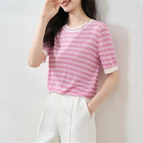Pull d'été en coton femme chic haut tricoté ample col rond mode - 5