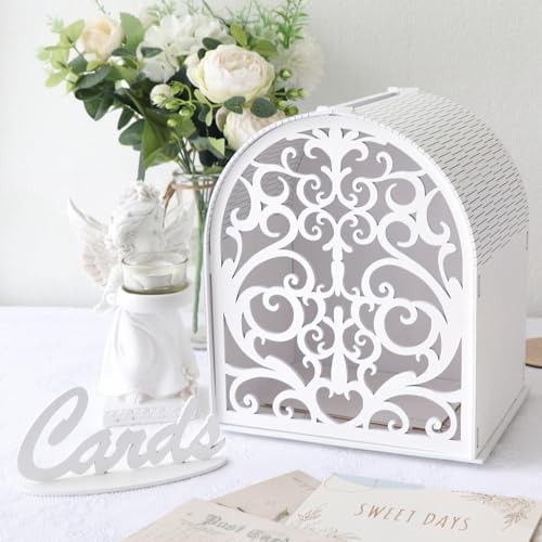 OurWarm Arch Wooden Wedding Card Box with Slot, Hollow White Gift Card Boxes for Wedding Reception, Small Envelope Money Box for Party, Baby Showers, Birthday, Graduations, Fundraisers