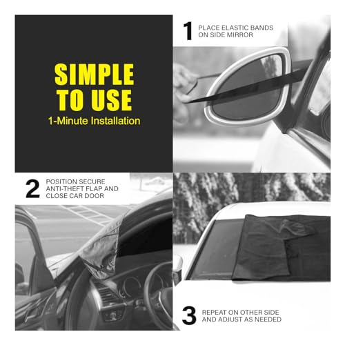 Image of 1 PC Car Front Windshield Winter Snow Cover with Rear View Mirror Protective Covers, 6.2Ft x 3.5Ft PVC Waterproof Protective Accessories with Bundle Strip, Universal Vehicle Cover (Black)