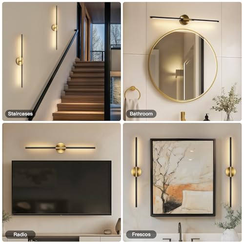Image of Battery Operated Wall Sconces Set of Two 360 Rotate Wireless Rechargeable Light Dimmable with Remote - Black Gold Modern Sconces Cordless Magnetic Wall Decor for Home Bedroom Timer 31.5 in