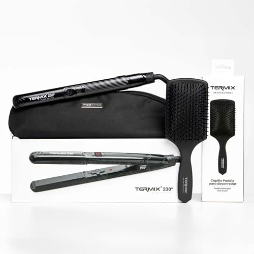 Termix Pack Plancha de Pelo Profesional 230º + Cepillo Paddle Brush – Plancha con Placas de Cerámica, Temperatura Ajustable, Cepillo Desenredante con Púas Redondeadas