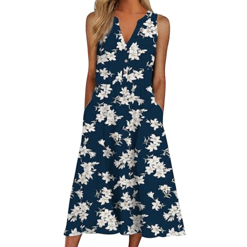 Image of Women Casual Dress Summer Stripe Button V Neck Sleeveless with Pocket Long Dresses Holiday Beach Party Midi Dress