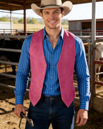 Image of Bakerbear Retro Casual Men's Cowboy Vest Western Suede Leather Waistcoat | vintage classic, v-neck, welt pockets, exquisite button, comfortable,bussiness work, wedding dress vests, prom christmas