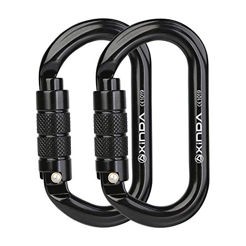 XINDA Oval Auto Locking Carabiner Clip - Twist Lock Climbing Carabiner 25KN CE UIAA Certified, Heavy Duty Aluminium Carabiner for Rock Climbing,Rappelling,Zipline,Hammock,Camping (2 pcs,Black)