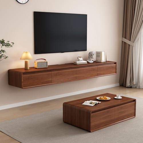 LVRUIEDS Schwebende TV-Einheit – Wandmontierte Medienkonsole mit 2 Klapptüren und 2 Schubladen, Entertainment-Center, TV-Schrank, Video-Regal für Zuhause, Walnuss, 160 cm