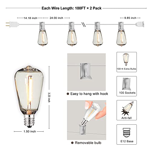 Damaing Outdoor String Lights 200Ft Waterproof,Patio String Lights For Outside With Shatterproof 104 Edison Led Bulbs,Vintage Dimmable Hanging Lights For Christmas,Wedding,2 Pack × 100Ft White Cable #TOP6