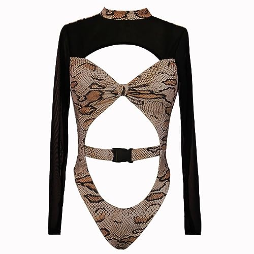 Women Rave Snakeskin Front Buckle Sheer Swimsuit Cut Out Bodysuit Clubwear3