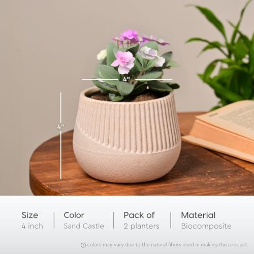 Image of Eha Earth Friendly Oreo 4 inch Small pots for Indoor Plants | Set of 2 | Plant Pot Made with Bamboo Fibers | Table Top Planters for Home Decor and Office, Flower Pot for Living Room | Sand Castle