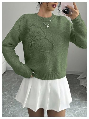 Image of RoseSeek Women's 3D Floral Appliques Crewneck Sweaters Long Sleeve Drop Shoulder Pullovers Elegant Knit Tops