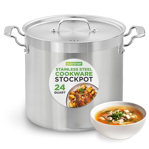 Comparison: Best Stock Pot For Canning 10 NutriChef Stainless Steel Cookware Stock Pot - 24 Quart, Heavy Duty Induction Soup Pot With Lid, Induction, Ceramic, Glass and Halogen Cooktops Compatible - NCSPT24Q