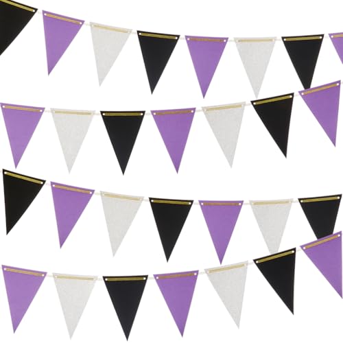MOWO Purple Black and Silver Pennant Banner Paper Bunting Ha