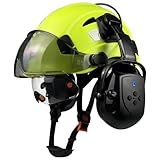 SAFEBUILDER Safety Helmet with Visor,Bluetooth Ear Muffs SNR 26dB,Hard Hat with Visors Mounted Ear muff,OSHA Hardhats Vented (Fluorescent Green Hat Wtih Clear & Tinted Visor & Bluetooth Ear Muffs)