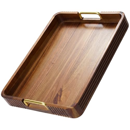 Acacia Wood Serving Tray with Metal Handles...