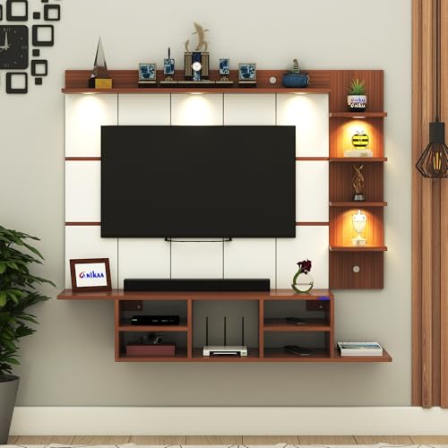 Image of Anikaa Charley Engineered Wood Wall Mount Striped PVC Back Panel TV Unit with Spot LED Lights | TV Cabinet with Open Storage Box (Walnut) | Ideal for UP to 43 Inch TVs - DIY Installation