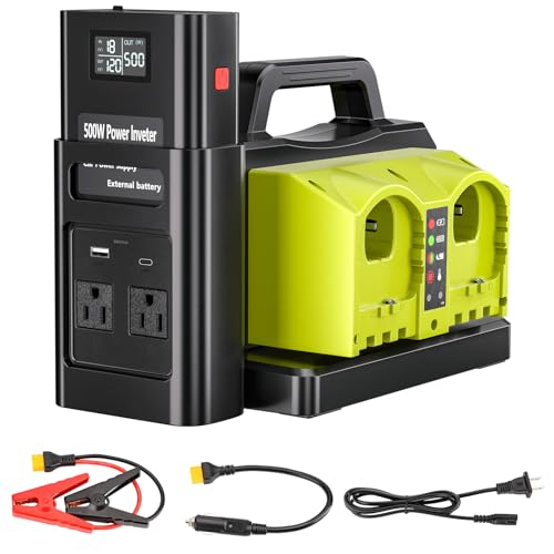 Adisipsoarin 500W Pure Sine Wave Power Inverter for Ryobi 18V Battery, 4-Ports DC 18V to AC(2 Outlets) 120V Car Charger Plug Inverter Adapter Converter for Camping, Travel, Emergencies(Tool Only)