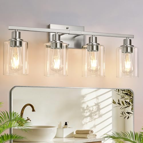 Image of MOKATNG 4-Light Bathroom Light Fixtures, Vanity Light with Clear Glass Shades, Brushed Nickel Bathroom Light Fixtures Over Mirror, Modern Bathroom Wall Lamp for Mirror Living Room Cabinet Bedroom