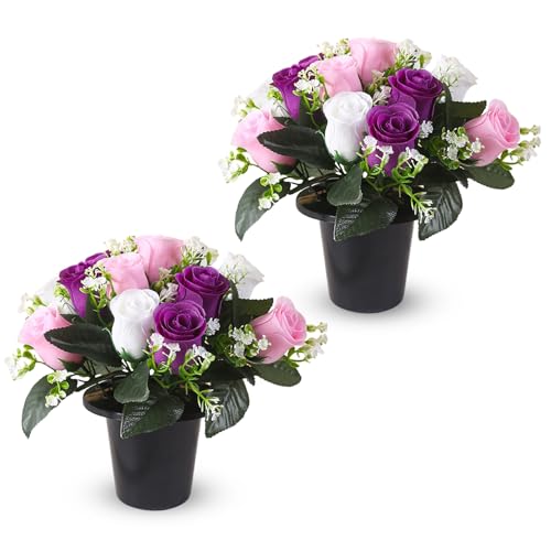 Zyluniy 2 Pots Fleurs Artificielles Cimetiere, Fleur Artificielle Deco Réaliste Roses Fleur Artificielle Cimetiere Plante Artificielle Exterieur pour...