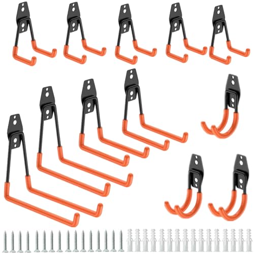 サムコス ガレージフック 壁掛け ガレージ収納 12個セット 強力 L型の重い ダブルフック 自転車 工場用 DIY 工具 ガーデン ネジ はしご/ホース/自転車/玄関/倉庫/道具収納 物置 取付用 ツール ネジ付属Q(12個入り,オレンジ)