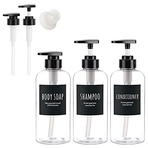 Image of Shower Bottles with 2 Extra Pumps, Segbeauty 3 Packs of 16.9oz Shampoo and Conditioner Bottles with Funnel, 500ml Clear Refillable Bathroom Body Wash Dispenser, Reusable PET Squeeze Bottles with Pump