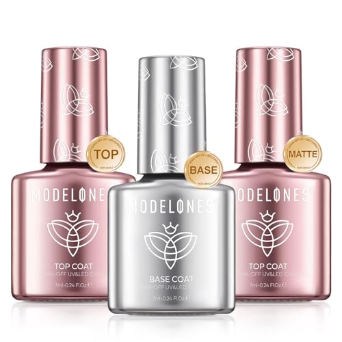 modelones Gel Base and Top Coat Set 3 Pcs, Clear No Wipe Glossy and Matte Top Coat & Base Coat Nail Polish 2025 Upgrade Formula Pro Gel Mini Salon Manicure Kit Gift for Women Girls Starter