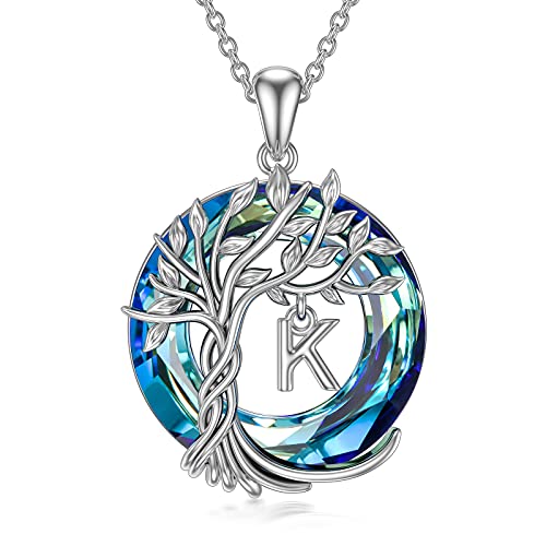 TOUPOP Tree of Life Necklace Sterling Silver K Initial Letter Pendant Necklace Blue Circle Crystal Fashion Jewelry Gifts for Women Girls Birthday Christmas