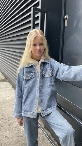 Rolanko Girls Denim Jackets, Basic Oversized Jean Jacket for Girls Fall Outwear Button Down Trucker Jacket 5-14 Years3