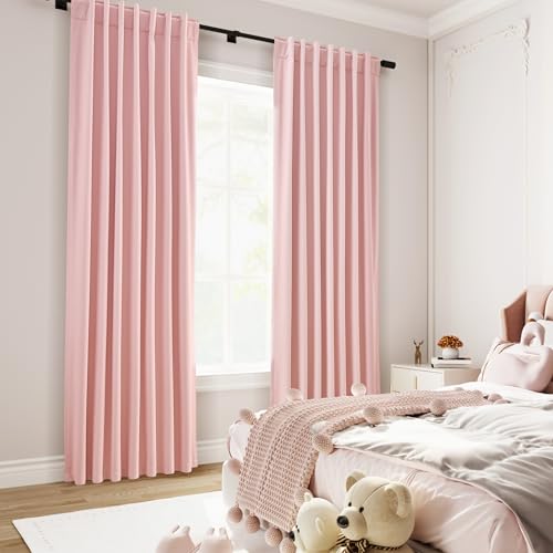 Image of Nanspring Pink 100% Blackout Linen Curtains 84 Inch Length 2 Panels Set for Bedroom Back Tab Modern Farmhouse Decor Black Out Girl Curtain for Living Room Office Thermal Insulated Drapes 52x84