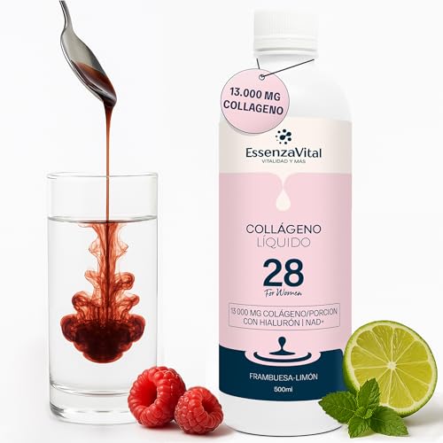 EssenzaVital 28 Colágeno Líquido | 13.000 mg/25 ml de Colágeno Hidrolizado Bovino con NAD+ y Ácido Hialurónico | Bienestar de Piel, Cabello, Uñas, Articulaciones | 500 ml (Para Mujer)
