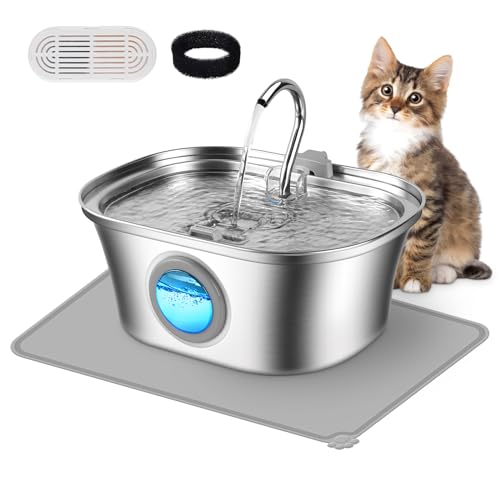 Cat Water Fountain with Water Level Window, One Set of Filter, 108oz/3.2L Pet Water Fountain for Cats/Dogs Inside, 304 Stainless Steel, Dishwasher Safe with Low Noise Pump, Filtration System