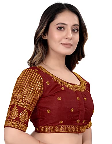 Pujia Mills Women's Art Silk Embroidery Blouse - Half Sleeve Readymade Saree Blouse With Sequence Work