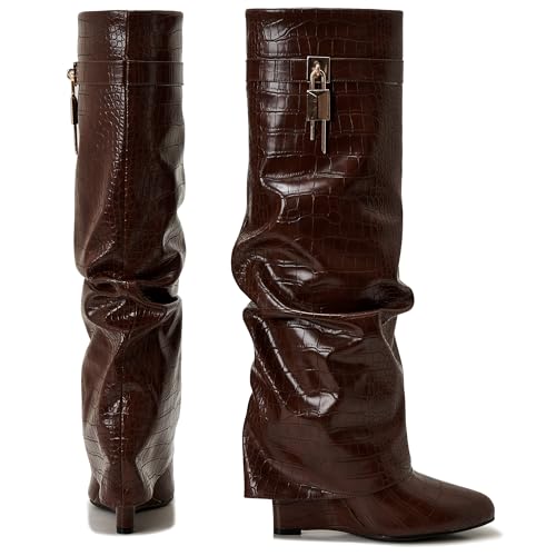 Image of Fold Over Boots for Women Pointy Pull-on Wedge Heel Knee Shark Boot With Side Zipper Padlock Design
