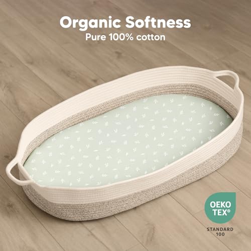 Image of 2-Pack Organic Bassinet Sheets for Girls, Boys - 100% Cotton Bassinet Mattress Sheets Compatible with Halo Bassinest Swivel Sleeper, Graco, Baby Delight, Chicco, Unisex Fitted Bassinet Sheets (Herb)