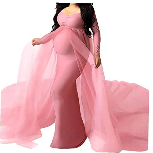 Yililay Fotografía de Manga Larga Vestido de Las Mujeres de Maternidad Vestido de Encaje de Las Mujeres Embarazadas Madre Que arrastran el Vestido Rosado L