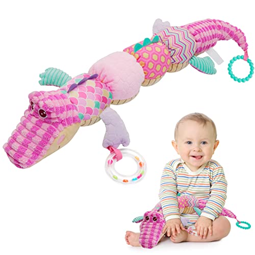 Image of Baby Toys Musical Soft Toy: Infant Toys Stuffed Animal with Rattles Crinkle & Ruler Design, Newborn Sensory Toys for Tummy Time Babies Girl Boy 0 3 6 9 12 Months Gifts, Crocodile Pink