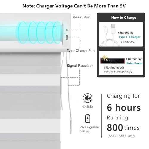 Image of Changshade Smart Zebra Blinds Motorized Shades Remote Control for Indoor Windows, Custom Size Electric Solar Panel Power Automatic Work with Alexa, Google Home, Apple Homekit, Light Filtering Grey