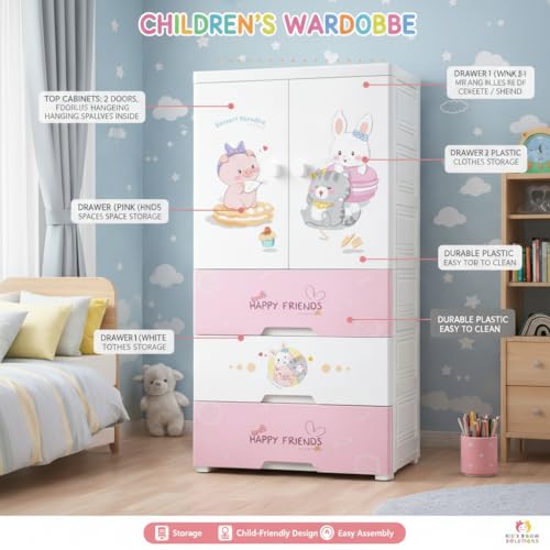 Image of EXVITO Plastic Wardrobe for Cloth with Drawers & Hanging Rod | Baby Cupboard for Clothes Storage | Foldable Collapsible Plastic Almirah for Kids | Cartoon Design Cabinet for Bedroom (Pink, 4 Door)
