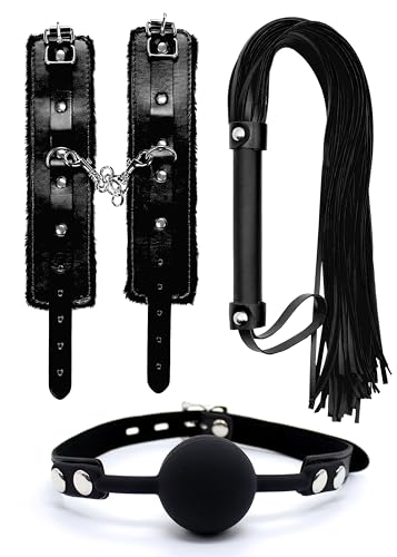 Fluffy Handcuffs for Grownups Bedroom Couple Handcuffs, Riding Whip for Play Faux Leather Whip, Silicone Mouth Ball, Set for Beginners